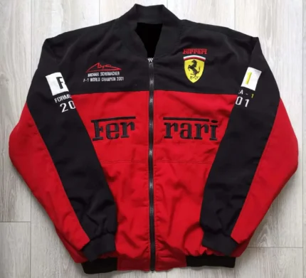 Introducing the Red Black Ferrari Racing Bomber Jacket, a dynamic tribute to Ferrari's racing legacy.