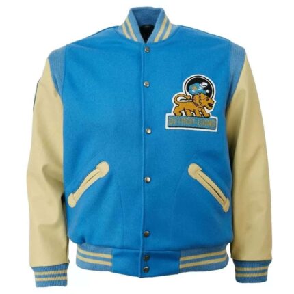 Presenting the 1952 Detroit Lions Varsity Blue and Cream Jacket, a nostalgic homage to the storied history of the Detroit Lions football team.