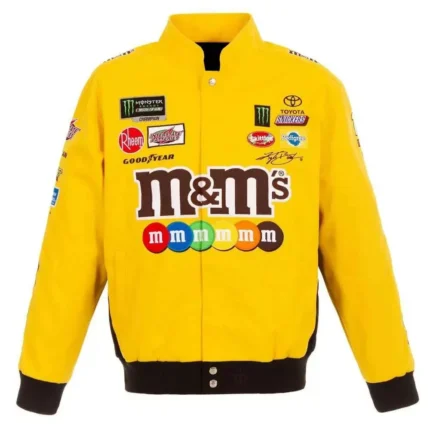 Colorful NASCAR jacket featuring Kyle Busch's M&M-themed design in vibrant yellow.