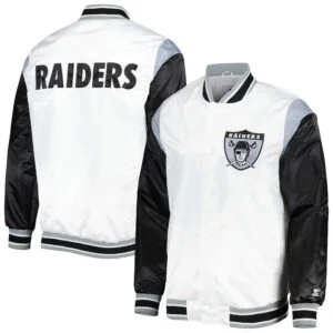 Men's Las Vegas Raiders Starter White Throwback Warm Up Pitch Satin Full-Snap Varsity Jacket
