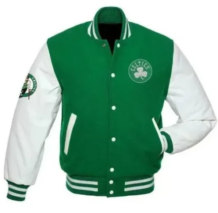 Stylish Celtics jacket with green and white, varsity design, iconic emblem.