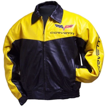 Vibrant yellow lambskin bomber jacket with C6 Corvette elite design.