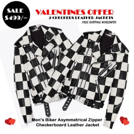 Men’s Biker Asymmetrical Zipper Checkerboard Leather Jacket