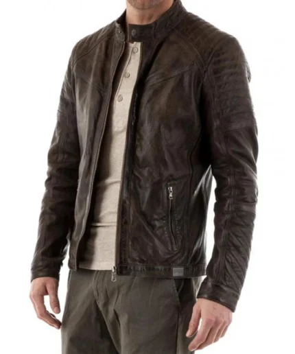 Men’s Quilted Shoulder Biker Waxed Brown Leather Jacket