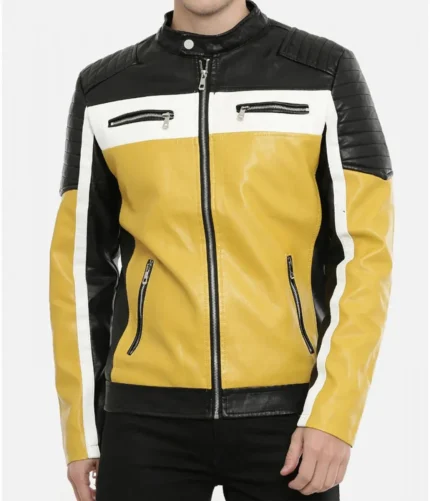 Men’s Biker Yellow and Black Color Block Quilted Leather Jacket