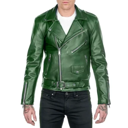 Men’s Shinny Green Asymmetrical Zipper Leather Biker Jacket