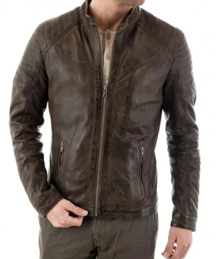 Men's Quilted Shoulder Biker Waxed Brown Leather Jacket