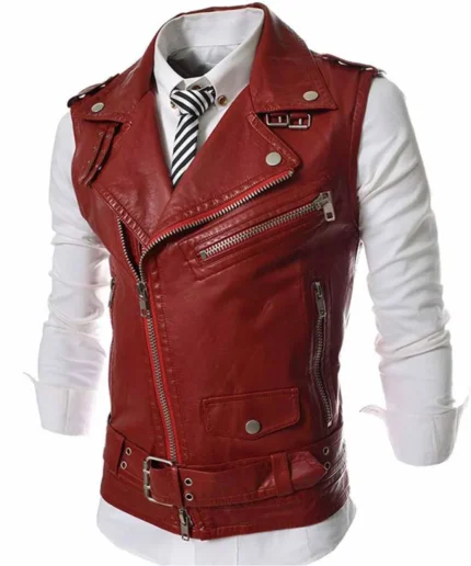 Men's Asymmetrical Zipper Slim Fit Biker Red Leather Belted Vest