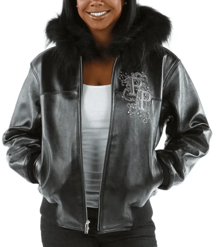 Pelle Pelle Women Black Fur Hooded Leather Jacket