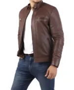 Casual Brown Signature Diamond Lambskin Leather Jacket - Image 3