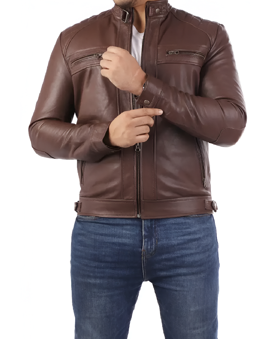 Casual-Brown-Signature-Diamond-Lambskin-Leather-Jacket-Front-2