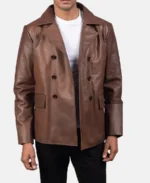 Men Solid Brown Leather Peacoat - Image 4