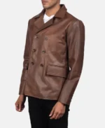 Men Solid Brown Leather Peacoat - Image 3