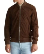 Men Dark Brown Suede Leather Bomber Jacket