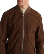 Men Dark Brown Suede Leather Bomber Jacket - Image 3