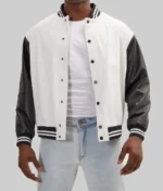 Men’s White and Black Leather Varsity Jacket - Image 3