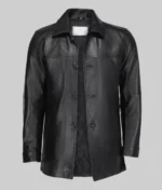 Men’s Classic Solid Black Leather Coat - Image 2