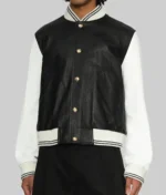 Women’s Solid Black and White Leather Varsity Jacket - Image 4