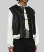 Women’s Solid Black and White Leather Varsity Jacket - Image 3