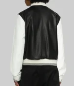 Women’s Solid Black and White Leather Varsity Jacket - Image 2