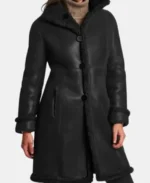 Women Black Leather Shearling Winter Coat