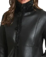 Women Black Leather Shearling Winter Coat - Image 3